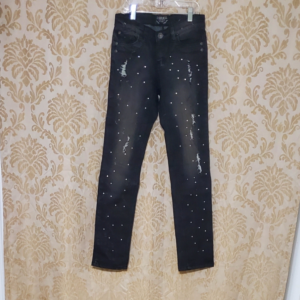 THRILL GREY AND BLACK RHINESTONES JEANS...JUNIORS SIZE 14 - Picture 2 of 8
